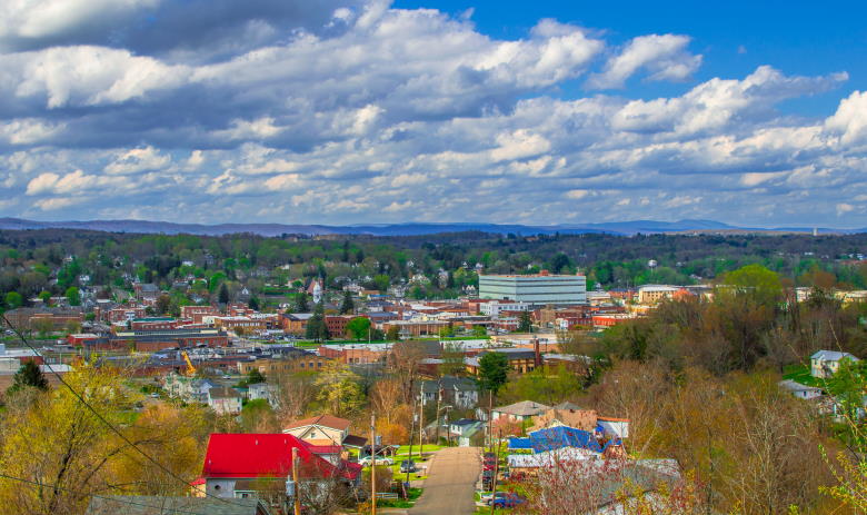 Arial shot overlooking downtown Pulaski